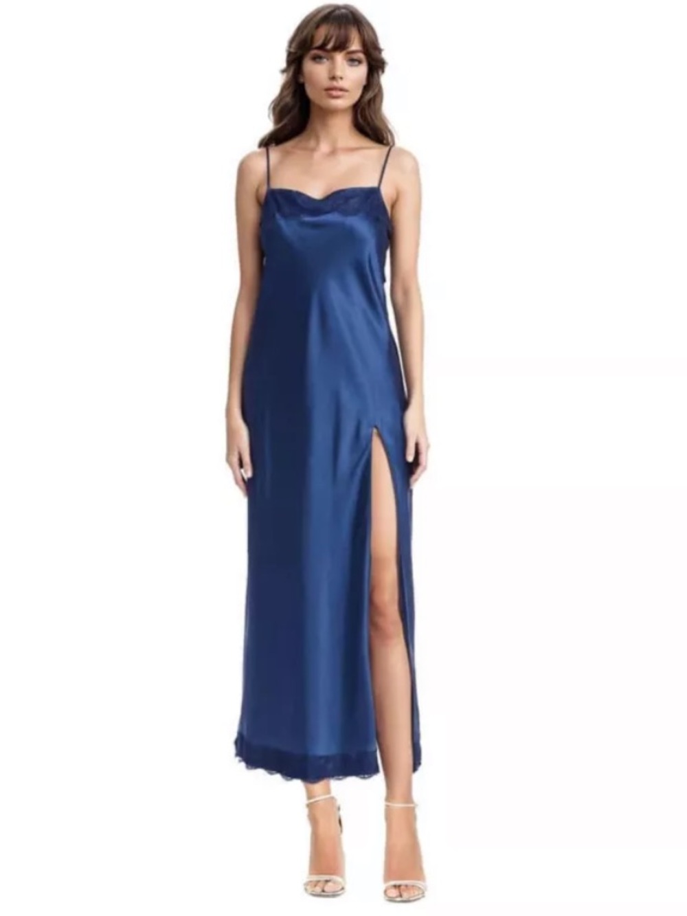 Jewel Badgley Mischka Lace Trim Maxi Slip Midnight Blue Size 4 NWT